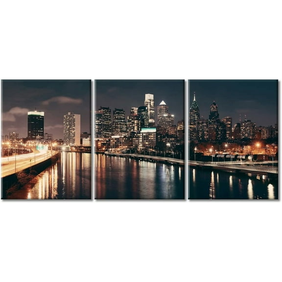 3 Panel Schuylkill River Night Scene in Print Artwork Modern Philadelphia Cityscape Wall Art for Living Room Wall Decor City Skyline Paintings on Canvas Stretched and Framed Prints, 12"x16"x3 Panels