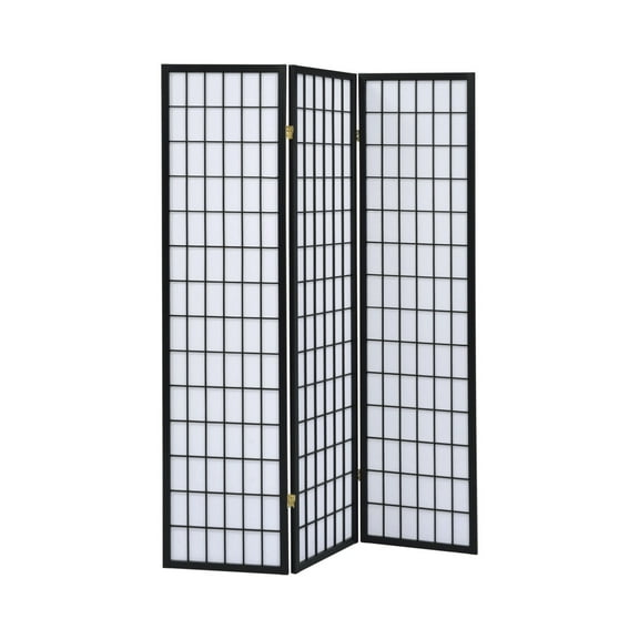 3 Panel Screen with Grid Design Wooden Frame Black - Saltoro Sherpi