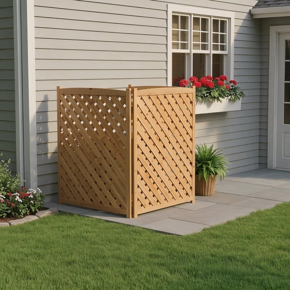 3-Panel Solid Wood Privacy Fence Screen, 32"W x 38"H Outdoor Partition with Ventilated Slats, Multi-Shape Arrangement for Air Conditioner, Trash Can & Garden