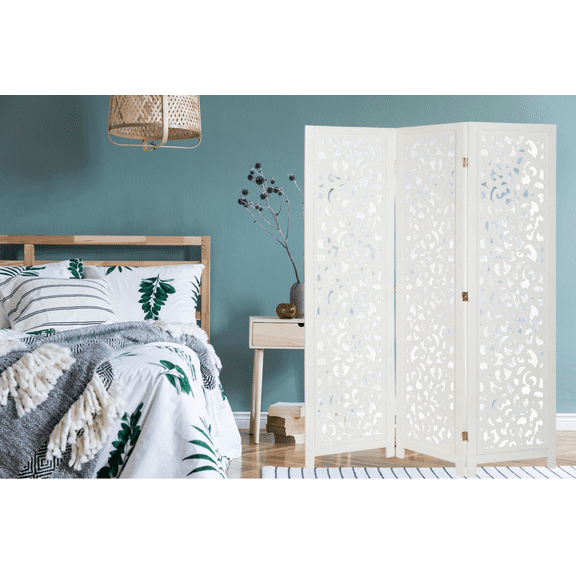 3 Panel Solid Wood Screen Room Divider, White Color With Decorative Cutouts, By Legacy Decor