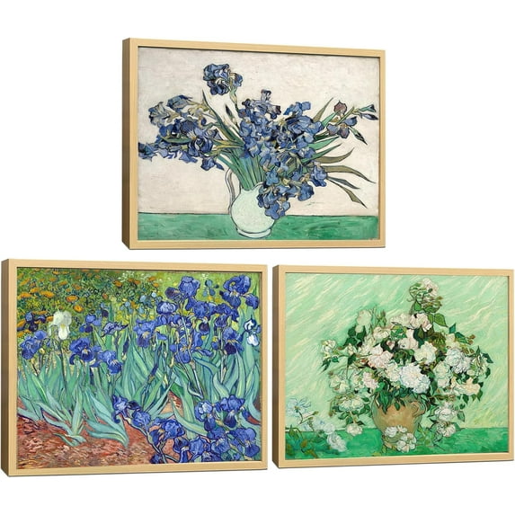 3 Panel Sunflower and Irises by Vincent Van Gogh Oil Paintings Reproduction Modern Floral Giclee Canvas Prints Artwork Flowers Pictures Canvas Wall Art for Bedroom Wall Decor - 16"x24"x3 Piece