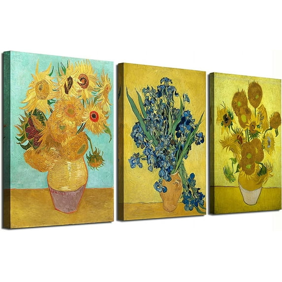 3 Panel Sunflower and Irises by Vincent Van Gogh Oil Paintings Reproduction Modern Floral Giclee Canvas Prints Artwork Flowers Pictures Canvas Wall Art for Bedroom Wall Decor - 16"x24"x3 Piece