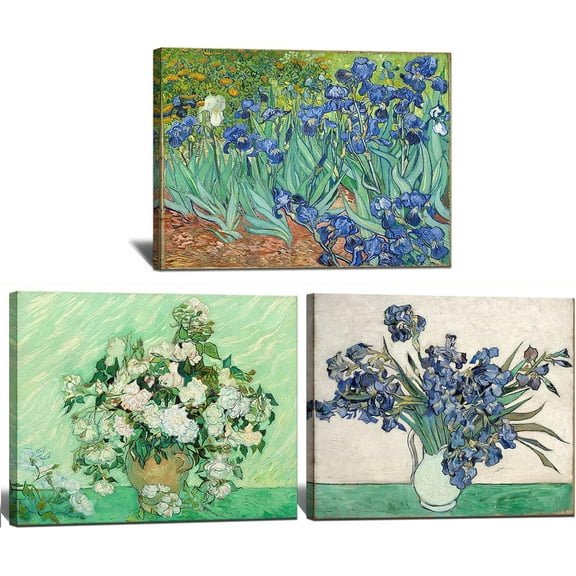 3 Panel Sunflower and Irises by Vincent Van Gogh Oil Paintings Reproduction Modern Floral Giclee Canvas Prints Artwork Flowers Pictures Canvas Wall Art for Bedroom Wall Decor - 16"x24"x3 Piece