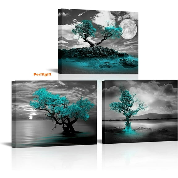 3 Panel Tree Canvas Wall Art Black and White Teal Tree with Full Moon Painting Pictures Prints Artwork for Living Room Bedroom Wall Decor Framed Ready to Hang