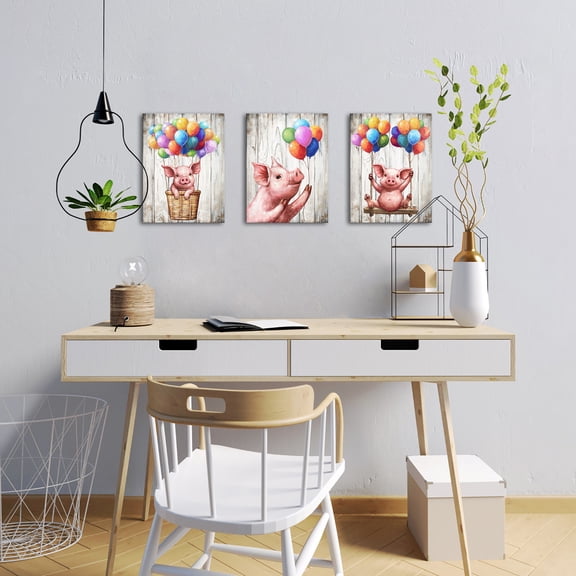 3 Panel Wall Art Animal Painting Lovely Pig Having Fun Picture Prints on Canvas Modern Home Living Room Bedroom Decoration Stretched Ready to Hang
