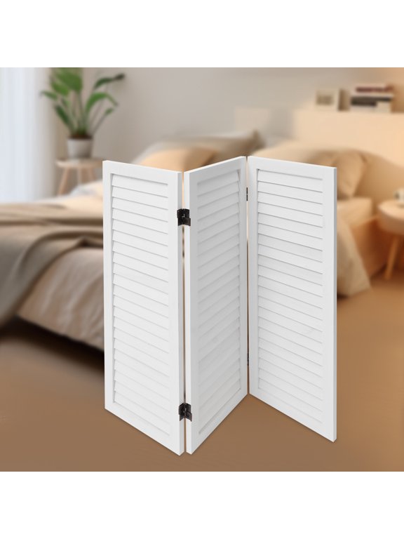 3 Panel White Paulownia Wood Room Divider Foldable Shutter Partition Iron Hinges No Assembly Privacy Screen