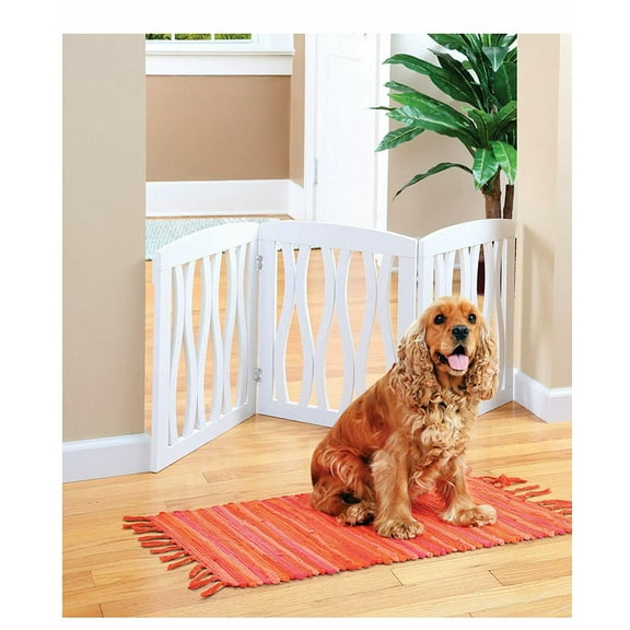 3 Panel White Waves Wooden Pet Gate - Freestanding Stair / Doorway Barrier Fence