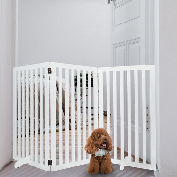 3-Panel Wooden Free Standing Foldable Dog Gate, Foldable Pet Gate with 2PCS Support Feet, 36" Height Dog Fence Baby Gates for House Doorways Indoor Outdoor, White