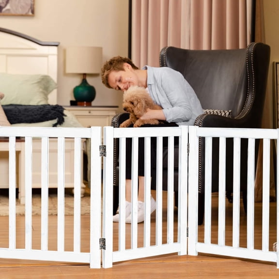 3-Panel Wooden Free Standing Foldable Dog Gate Indoor 24" High,Step-Over Safety Pet Gate for Doorways, Stairs, Hallways, Indoor Dog Barrier for Small to Medium Dogs & Puppies, White