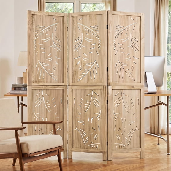 3‑Panel Wooden Room Divider, Palm Leaf Pattern Folding Privacy Screen, Paulownia Wood Frame, Boho‑Tropical Decor for Home, Apartment, Dorm