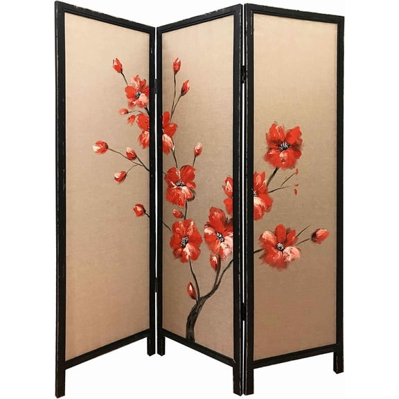 3-Panel Wooden Screen - Red & Brown Fabric Design - 60"W x 63"H