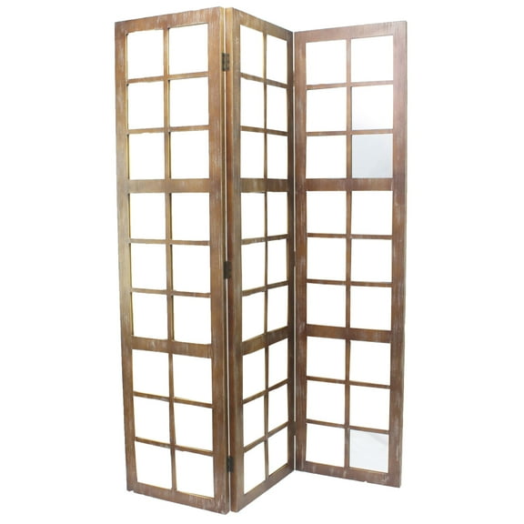 3 Panel Wooden Screen with Square Mirror Inserts, Brown and Silver