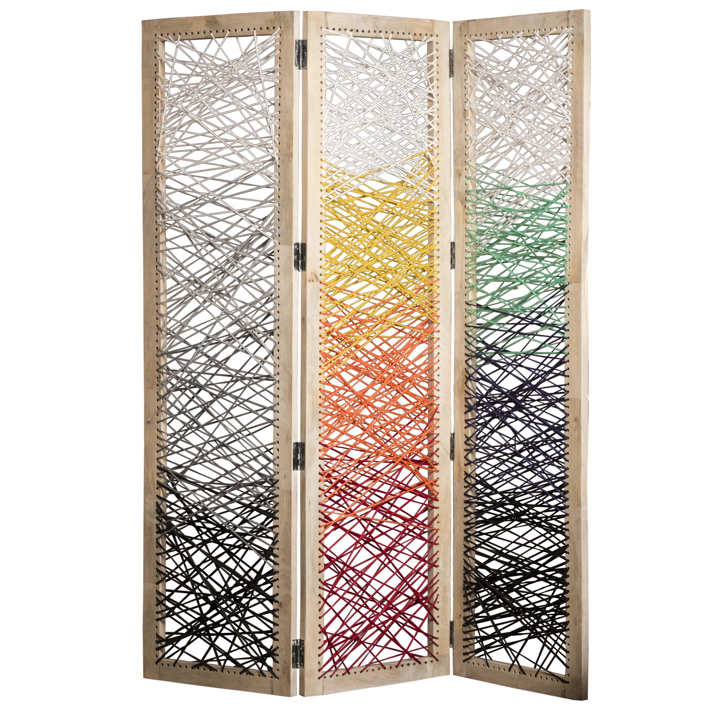 Multicolor 3-Panel Mango Wood Folding Screen with Woven Yarn
