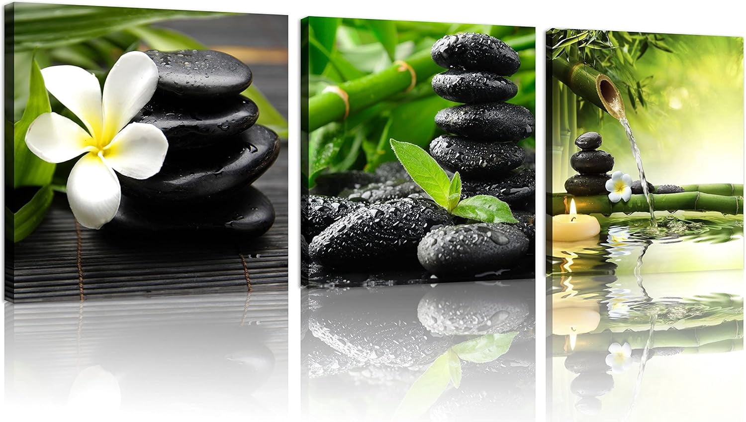 3 Panel Zen Canvas Wall Art Still Life SPA Stone Green Bamboo White ...