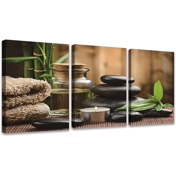 3 Panel Zen Canvas Wall Art Stones spa Oil Wood Massage Relax Candle ayurvedic Water Bamboo Green Pictures Prints on Canvas for Home Office Kitchen Wall Decor Stretched and Framed Each Panel 12x16inch