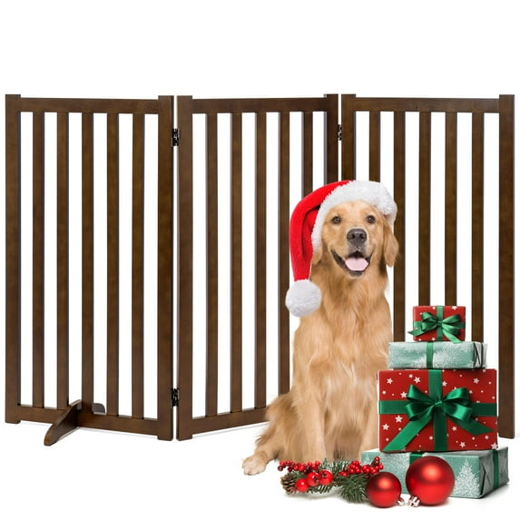 3 Panels 36" Freestanding Pet Gate, Solid Wood Folding Safety Fence Wooden Dog Gate, Walnut