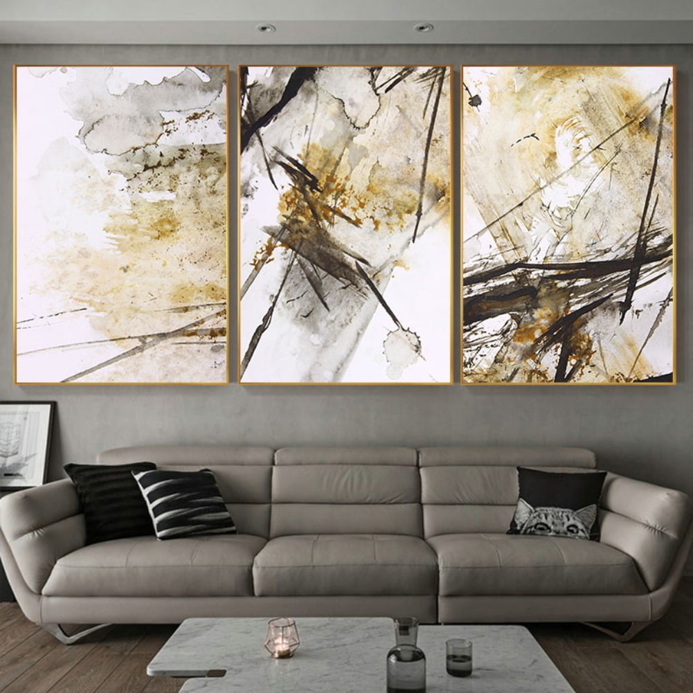 3 Panels Abstract Black Gold Wall Art,Gold Ink Canvas Wall Art Prints ...