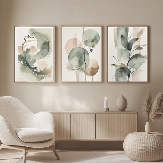 3 Panels Abstract Botanical Canvas Wall Art Watercolor Leaves & Nature Forms Poster Beige Sage Green Print Artwork Painting Picture for Home Bedroom Decoration No Frame