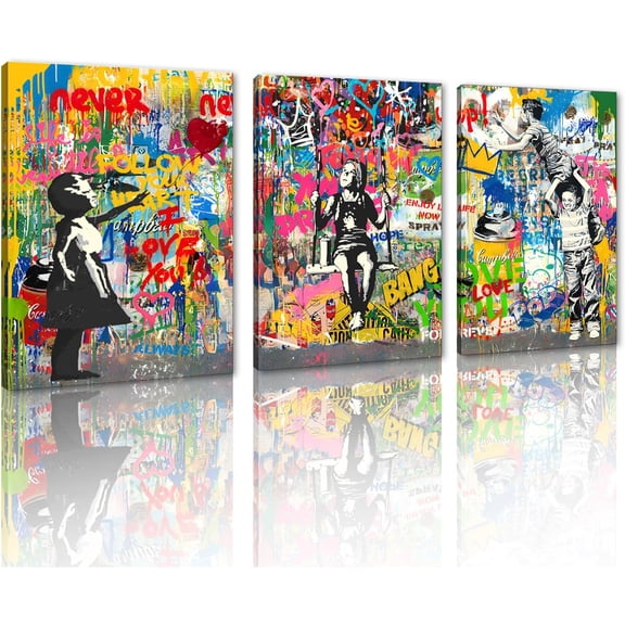 3 Panels Banksy Colorful Graffiti Wall Art Street Canvas Wall Art Abstract Picture Wall Paintings for Bedroom Home Decorations 20x28inchx3pcs