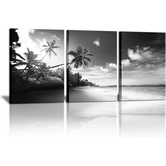 3 Panels Black and White Beach Canvas Wall Art Pictures Hawaii Troical Palm Tree Artork Sea Ocean Landscape Prints for Home Bathroom Bedroom Office Wall Decoration Framed Ready to Hang 12"x16"x3pcs