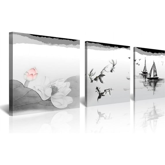 3 Panels Black and White Traditional Chinese Painting Lotus Flower Wall Decor Canvas Prints Wood Framed Chinese Brush Painting Wall Art Landscape Painting for Home Decor Living Room Decor