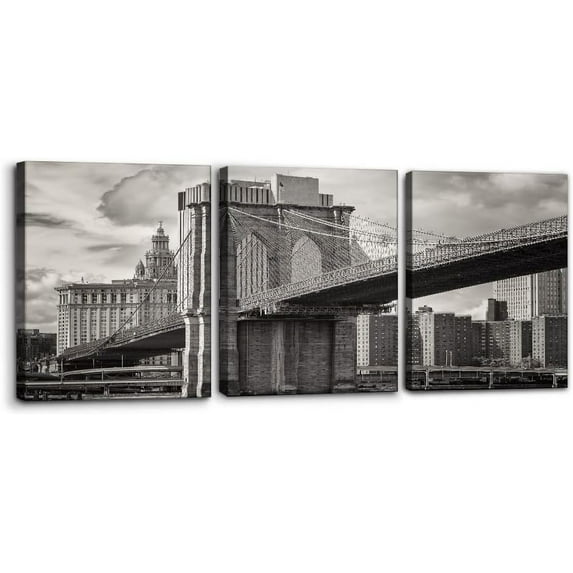 3 Panels Canvas Prints Wall Art Brooklyn Bridge Modern Wall Decor New York Cityscape Modern Home Decor Manhattan Skyline Posters and Prints Stretch and Framed Ready to Hang - 12" x 16" x 3