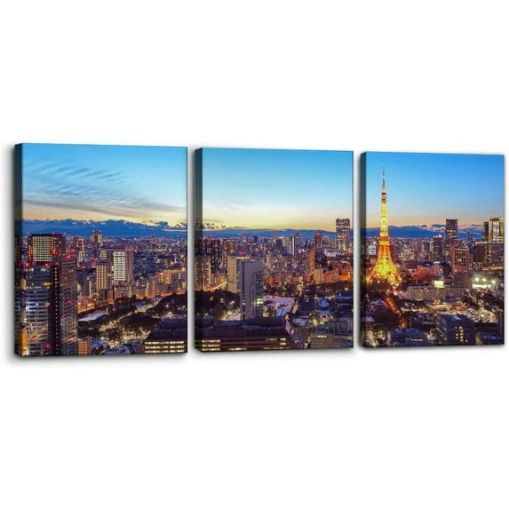 3 Panels Canvas Prints Wall Art Tokyo Tower Modern Wall Decor Japan Cityscape Modern Home Decor Panoramic Skyline Wall Posters and Prints Stretch and Framed Ready to Hang - 12" x 16" x 3