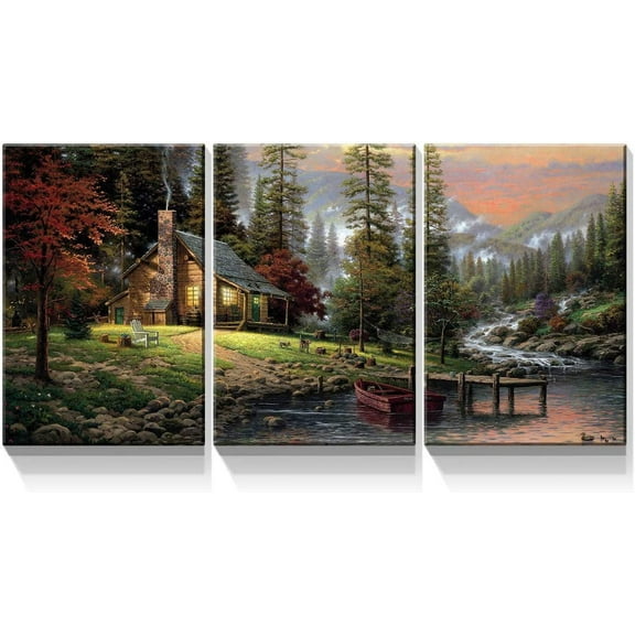 3 Panels Canvas Wall Art Thomas Kinkade Garden Landscape Oil Painting for Home Decor Stretched and Framed Ready to Hang - 12"x16"x3 Panels Wall Decor
