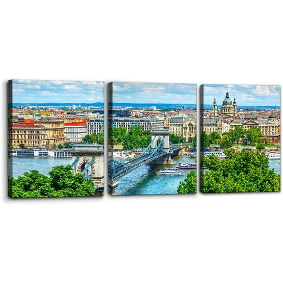 3 Panels Cityscape Canvas Wall Art - Chain Bridge on Danube River in Budapest City Pictures Print on Canvas Hungary Skyline Modern Artwork for Home Decor Stretch Framed Ready to Hang - 12" x 16" x 3