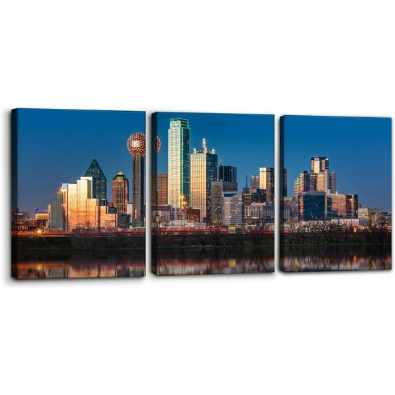 3 Panels Cityscape Painting Home Decor for Printed Canvas Decorative Wall Art Pictures for Living Room Bedroom Office Dallas Skyline at Sunset Wall Art Gallery Wrapped Posters and Prints - 12"x16"x3