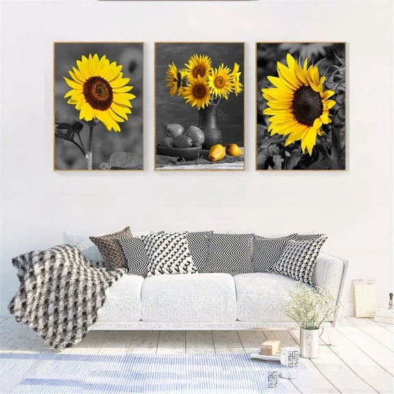 3 Panels Flowers Artwork Painting Prints Pictures Canvas Wall Art for Bathroom,Black and White,12" W x 12" H, Multi-Sized