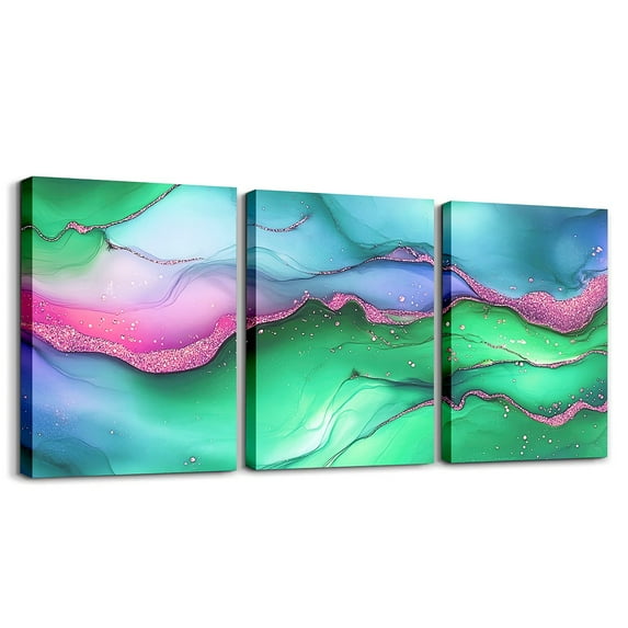 3 Panels Green Teal Turquoise Wall Art Watercolor Wall Decor Modern Aesthetic Poster Prints Colorful Marbling Poster Prints Stone Mountain Fluid Abstract Living Room Pictures For Wall