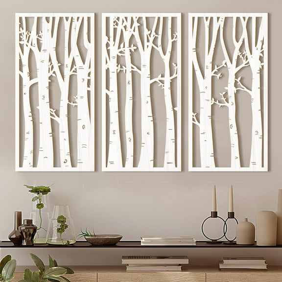 3 Panels Large Birch Tree Shape Boho 3D Hollow Wood Wall Art Natural Forest Tree of life wooden artwork Decorations for Living Room Bedroom Office