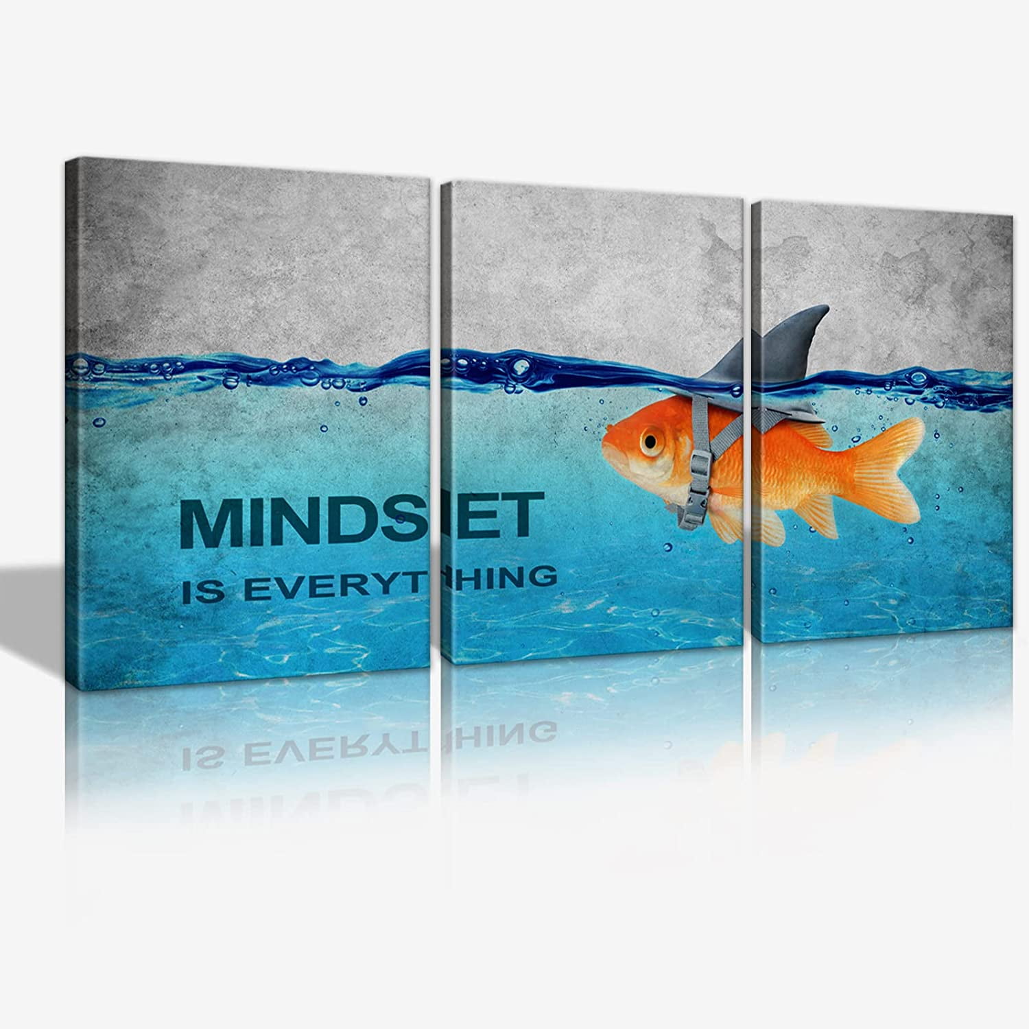 3 Panels Modern Framed Inspirational Quote Canvas Wall ArtMindset is Everything Goldfish Strong