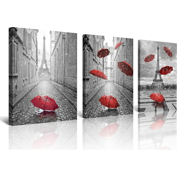 3 Panels Modern Giclee Canvas Prints Paris Black and White with Eiffel Tower Red Umbrellas Flying Wall Art Landscape Wall Decor Paintings on Canvas Framed Ready to Hang for Home Decor