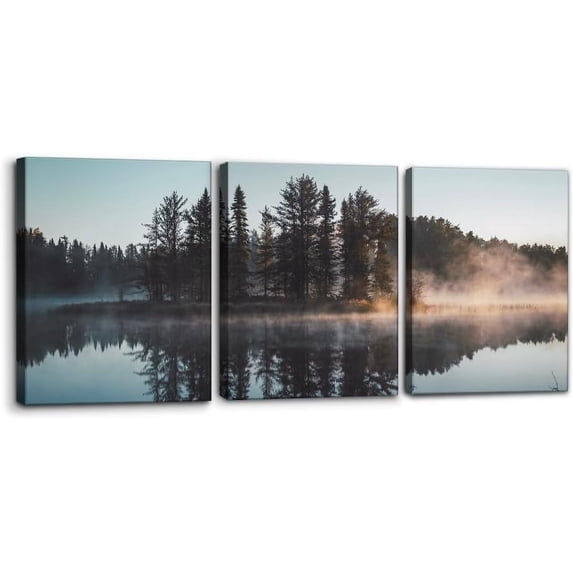3 Panels Natural Landscape Canvas Wall Art Print Trees with Misty Lake Reflection Painting Wall Decor for Living Room Home Decoration Gallery Wrapped Posters and Prints Ideal Gifts - 12"x16"x3