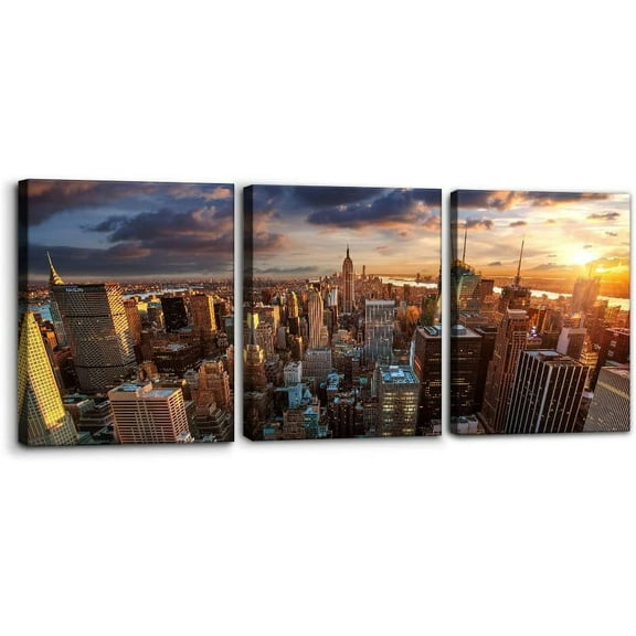 3 Panels New York City Wall Art Decor Skyline of US Canvas Pictures Modern Artwork Skyscrapers Buildings Cityscape at Sunset Painting Prints on Canvas for Home Living Room - 12" x 16" x 3