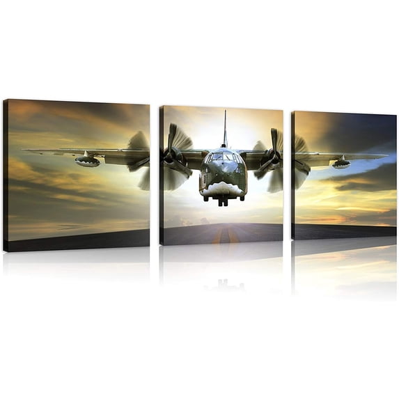 3 Panels Plane Picture Aviation Art Airplane Decor Vintage Airplane at Sunset Old Paper Aircraft Art Plane Decor Stretched and Framed Vintage Airplane Print for Home Decor, 3 pcs/set