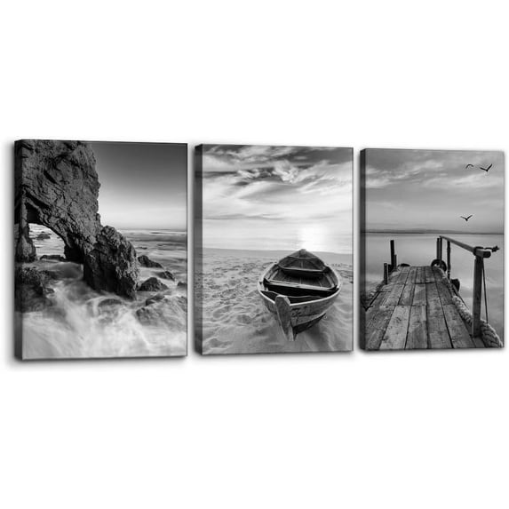 3 Panels Set Framed Canvas Wall Art Print for Seascape Beach and Boat Sunrise Scenery Black and White Giclee Canvas Print Modern Artwork for Wall Decor Ready to Hang - 12" x 16" x 3