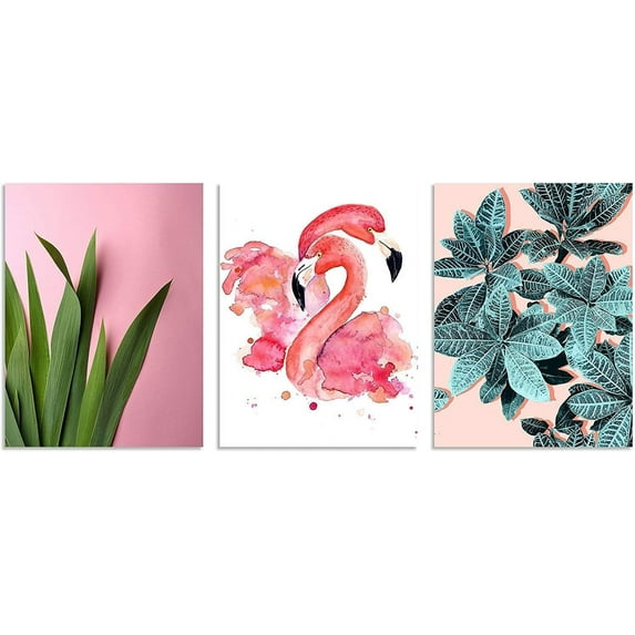 3 Panels Wall Art Pink Tropical Wall Decor Plant Wall Art with Pink Flamingo at Pink Background Plant Wall Art Tropical Wall Decor for Bedroom Ready to Hang for Home Decoration Wall Decor