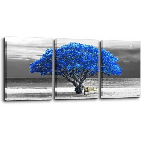 3 Panels wall art for living room Decorations Photo Prints - panoramic black and white with blue trees The moon scenery - Modern Home Decor room Stretched Framed Ready to Hang artwork 12"x16in*3 piece
