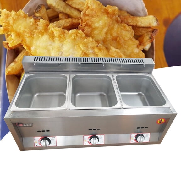 3 Pans 18L Commercial Gas Fryer Buffet Countertop Deep Fryer Heating Equipment Commercial 3-Pan Food Warmer Steam Buffet Countertop Gas Fryer Steam Table 3 pan Gas Catering Food Warmer