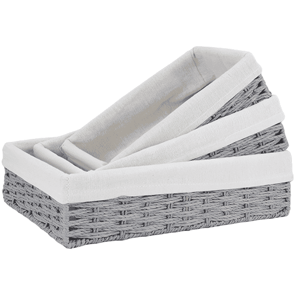 3 Pcs Paper Rope Storage Basket Set  Medium Gray Woven Rectangular Bins with Removable Linen Liners & Sturdy Iron Frame, for Desk, Shelf & Home Decor, 13.8" x 9.8" x 3.5" (Large)