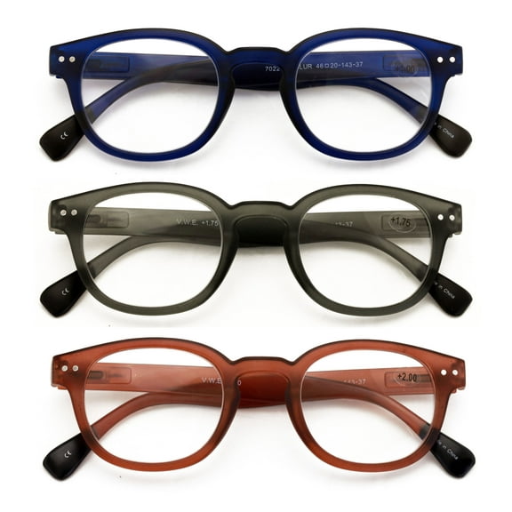 3 Paris Lightweigh Round Reading Glasses - Spring Hinge Temple Clear Lens Matte Finish Reader Men Women 7022 +1.00