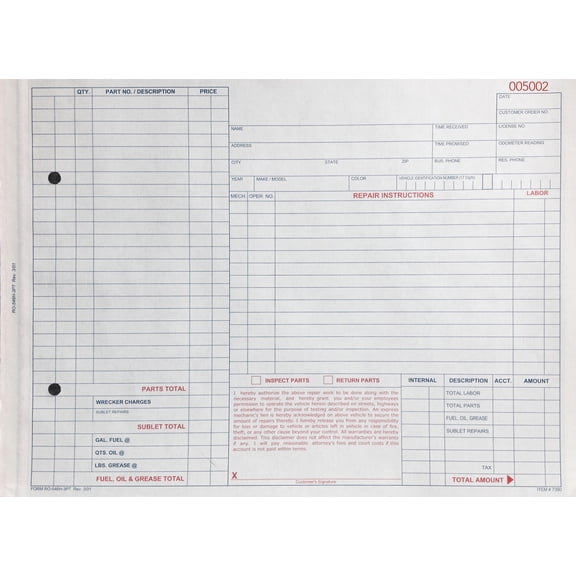3-Part Customer Pay Repair Order Form - 8 1/2H x 11W - Pack of 100