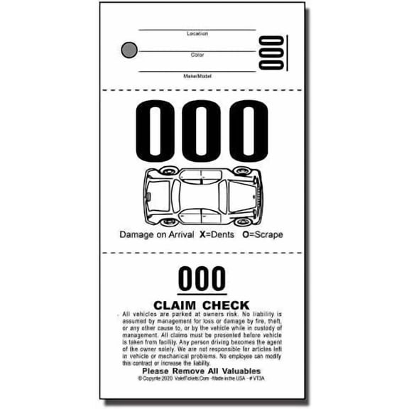3-Part Valet Parking Tickets (5000 Tickets) on 110lb Card Stock with Car Diagram$$Office