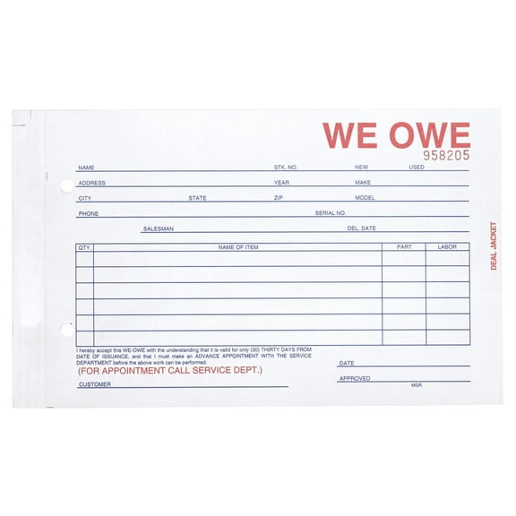 3-Part We Owe Agreement Form - 8 1/2"W x 5 1/2"H - Pack of 100