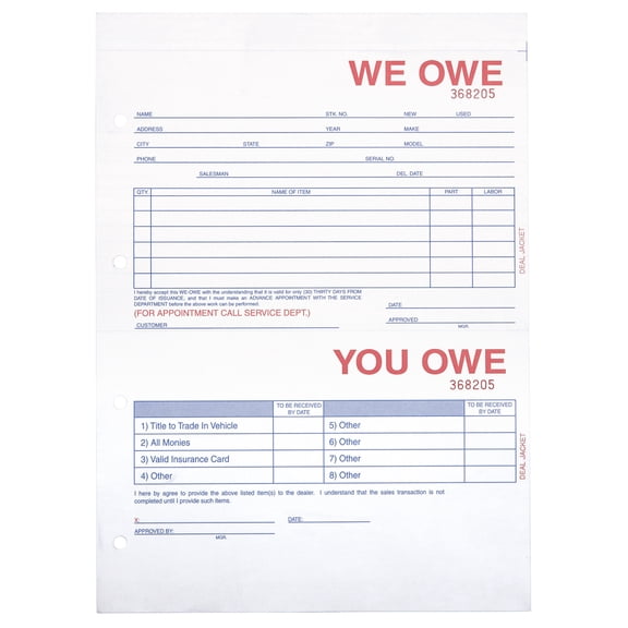 3-Part We Owe You Owe Form - 8 1/2"W x 11"H - Pack of 100