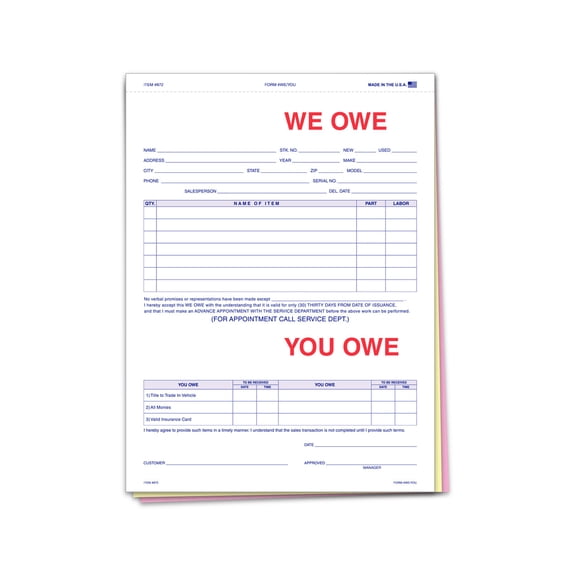 SSWBasics 3-Part We Owe You Owe Form - 8 1/2 in W x 11 in H - pack of 100