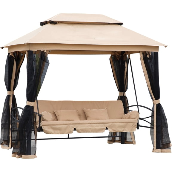 3 Patio Swing With Canopy, Mesh Sidewalls, Cushioned Seat, Pillows, Beige, 31 Gazebo, Beige Cushions, Pillows And Double Tier Canopy Sidewalls For Outdoor Enjoyment